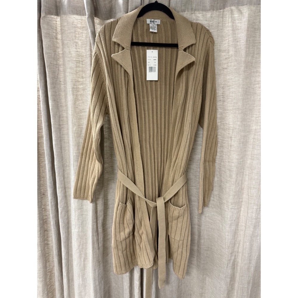KIKIT Womens XL Camel Tan Ribbed Cotton Belted Cardigan Sweater KS1743 NWT